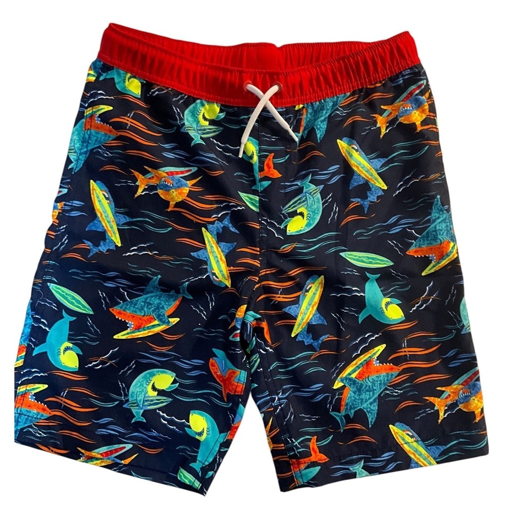 Lands' End Boys XL 14-16 Shark Surfboard Swim Trunks Navy Red Lined